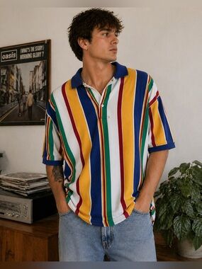 Vintage Bugle Boy Striped Polo Shirt Multicolor 90s Retro | Men’s Large